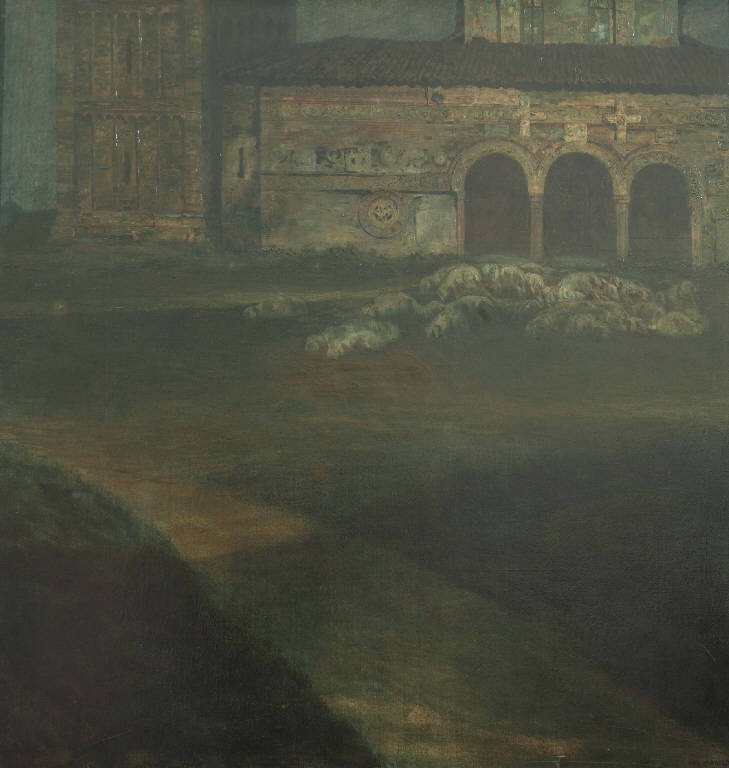 La badia di Pomposa, Veduta della badia di pomposa (dipinto) di Martelli, Ugo (sec. XX)
