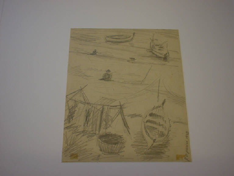 Barche di pescatori, MARINA CON PESCATORI E BARCHE (disegno) di Parisi Giuseppe Vittorio (sec. XX)