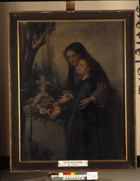 Allegoria in memoria di Pietro Merzagora, Due donne portano fiori su una tomba (dipinto) di Penuti, Giuseppe (sec. XIX)