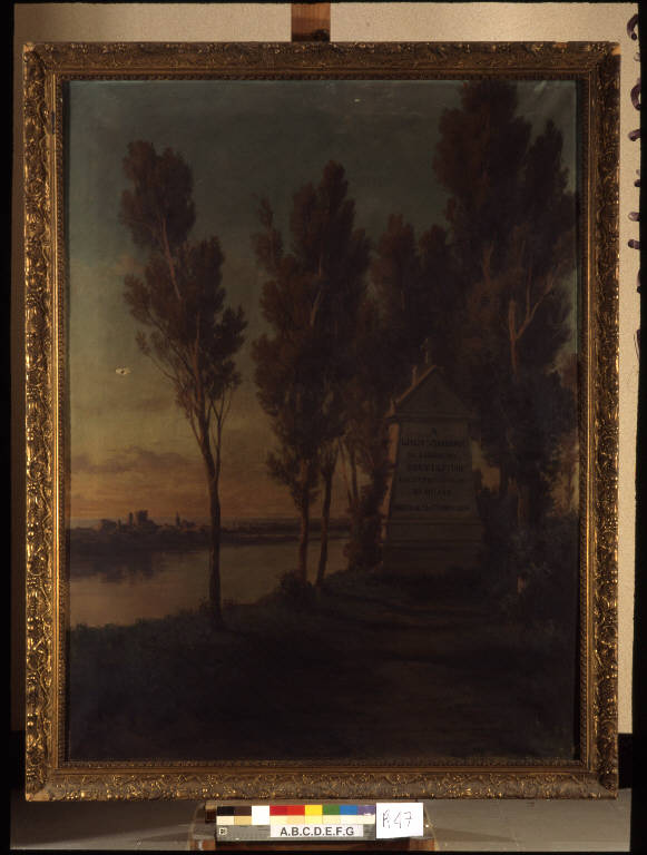 Allegoria in memoria di Spiridione Gialdi, Paesaggio fluviale con monumento funebre (dipinto) di Battista Lelli, Giovan (sec. XIX)