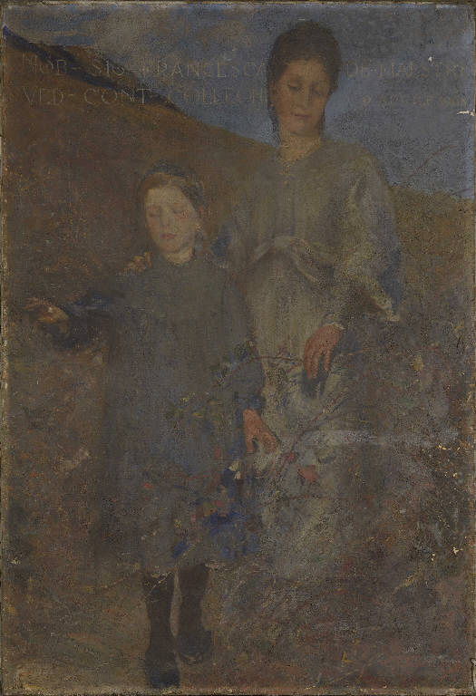 Allegoria in memoria di Francesca De Maestri Colleoni, Due donne davanti a un cespuglio di rose (dipinto) di Albertazzi, Arturo (prima metà sec. XX)