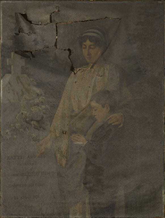 Allegoria in memoria di Antonio Ratti, Una donna e un bambino davanti a una lapide (dipinto) di Bartezago, Enrico (sec. XIX)