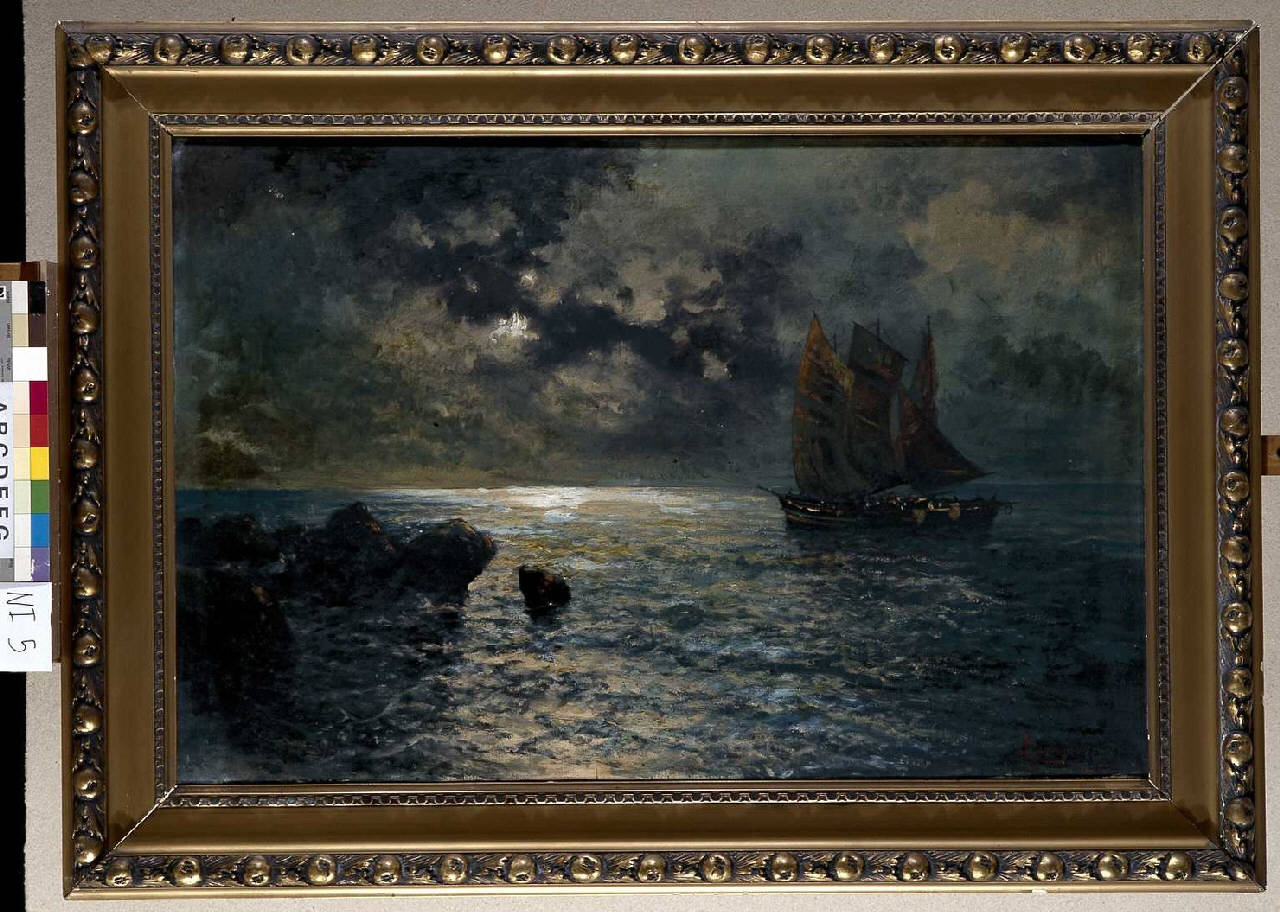 Paesaggio marino con barca (dipinto) di Pizzaglio L. (prima metà sec. XX)