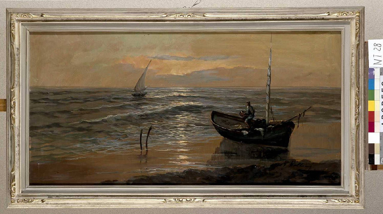 Paesaggio marino con barche (dipinto) - ambito lombardo (terzo quarto sec. XX)