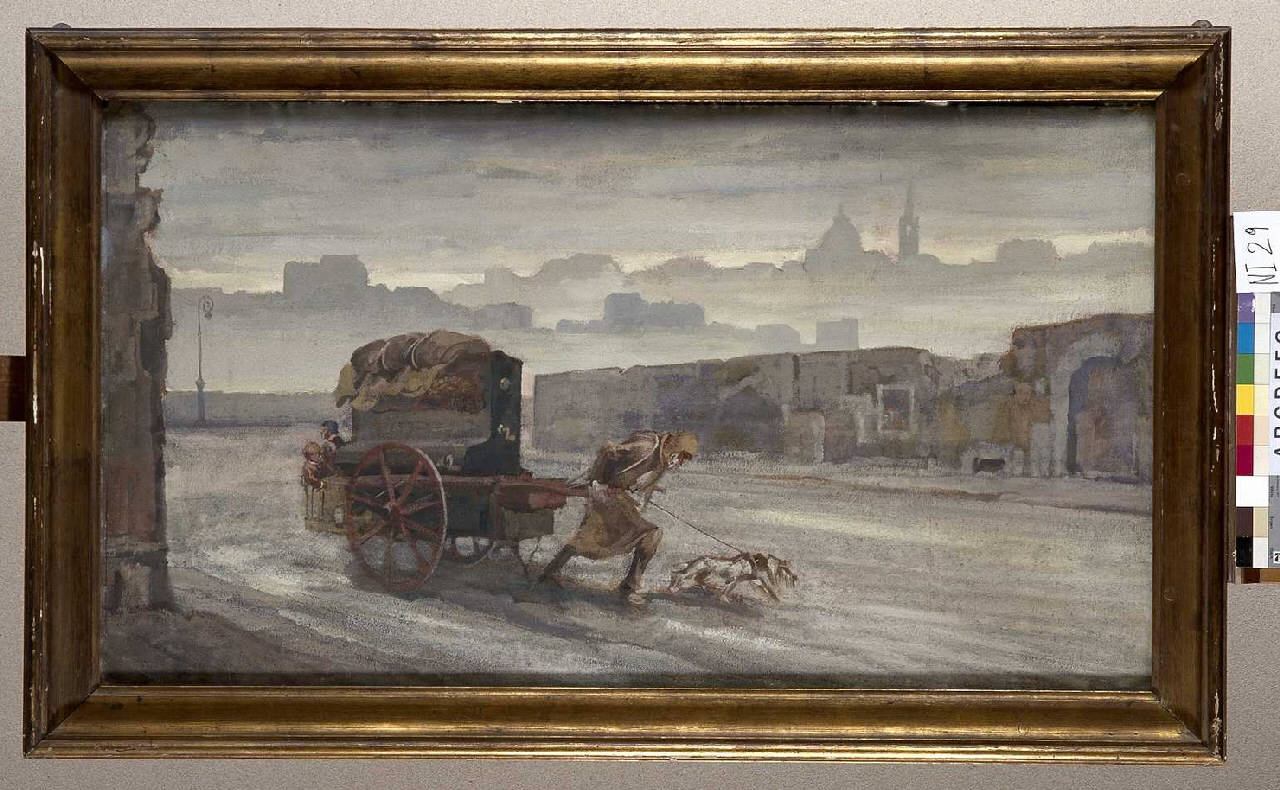 La strada senza fine (Passa la miseria), Uomo che tira un carretto con mobilio e due bambini (dipinto) di Fontana Daniele (sec. XX)