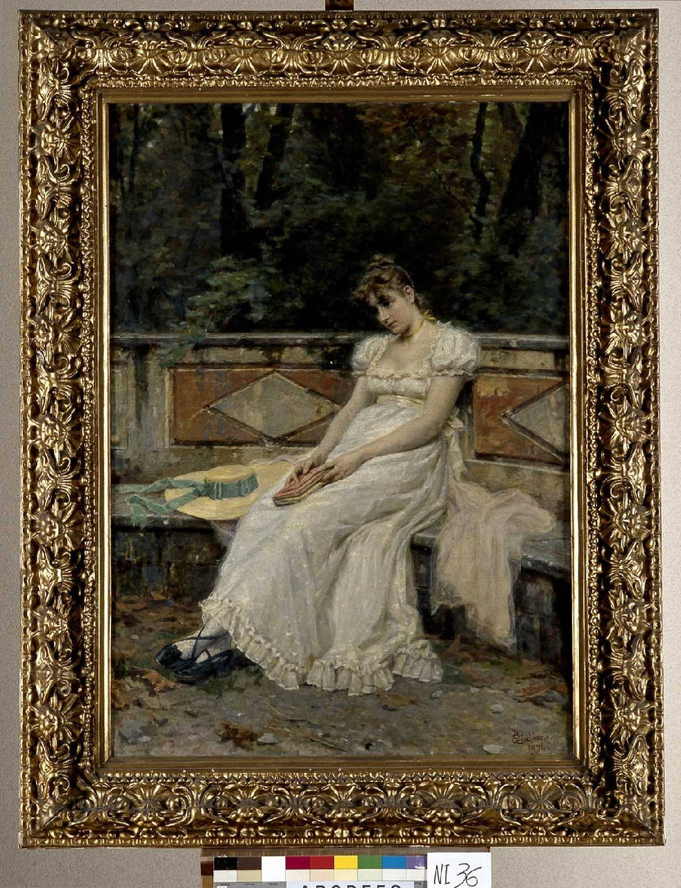 L'attesa, Fanciulla seduta in un parco (dipinto) di Giuliano Bartolomeo (sec. XIX)