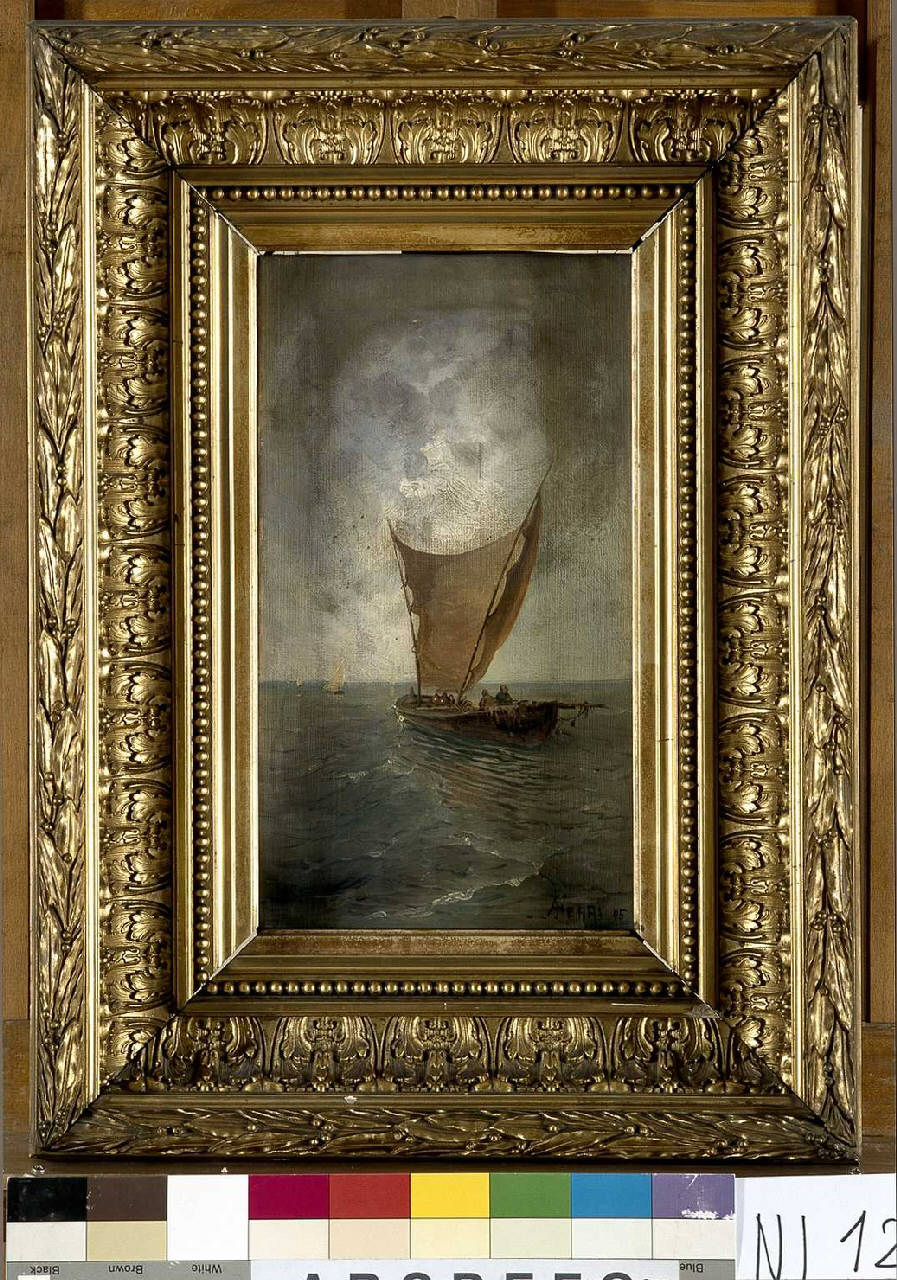Pescatori, Marina con barca di pescatori (dipinto) di Ferri Attilio (sec. XIX)