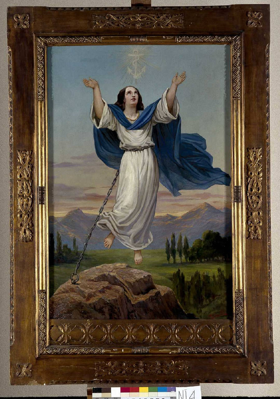 Allegoria della Speranza, figura allegorica incatenata ad una roccia (dipinto) di Gimello A. (prima metà sec. XX)