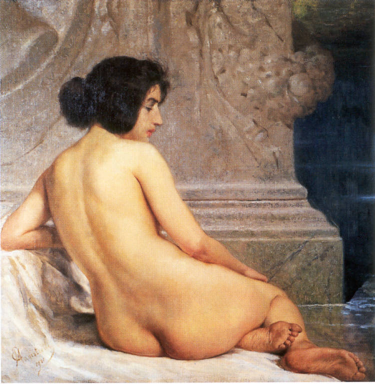 Al bagno, Figura femminile nuda (dipinto) di Magistretti, Emilio (primo quarto sec. XX)