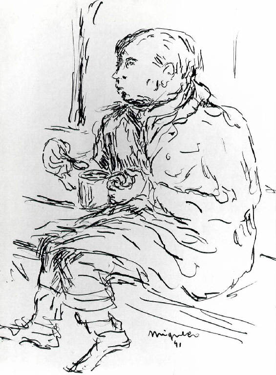 Figura maschile seduta (disegno) di Migneco, Giuseppe (secondo quarto sec. XX)