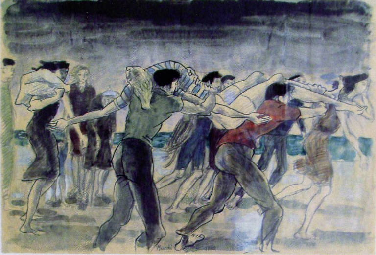 L'annegato, Annegato trasportato da gruppo di uomini e donne (disegno) di Mucchi, Gabriele (ultimo quarto sec. XX)