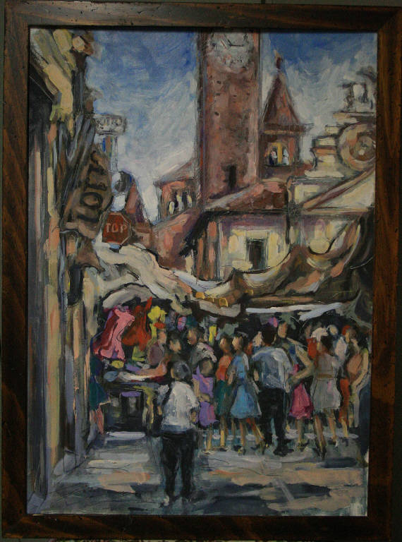 Al mercato di Soncino, piazza con mercato (dipinto) di Bolognesi, Anna (inizio sec. XXI)