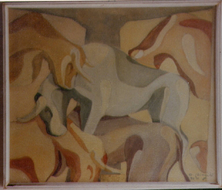 La monta, animali in accoppiamento (dipinto) di Bianchi, Oilitta (seconda metà sec. XX)