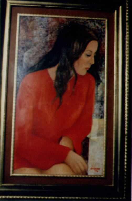 Pensiero in rosso, donna (dipinto) di Ascherio (seconda metà sec. XX)