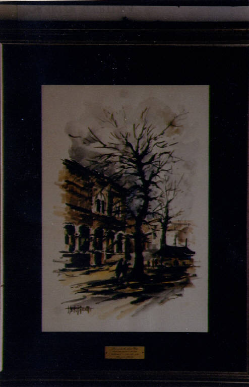 Scorcio di una via, palazzo con albero lungo una via (dipinto) di Balzarotti, P. (seconda metà sec. XX)