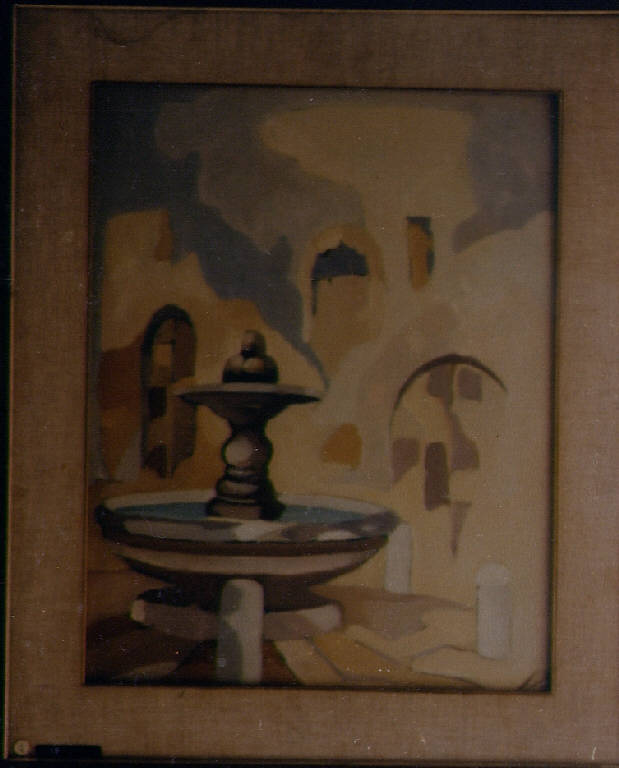 La fontana, veduta urbana con fontana (dipinto) di Risico (seconda metà sec. XX)