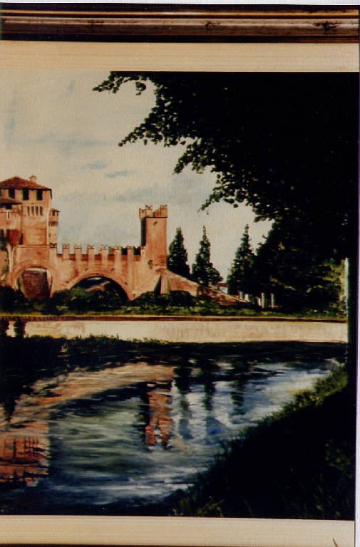 Scorcio del Castello, Rocca Sforzesca di Soncino riflessa nel Naviglio Pallavicino (dipinto) di Bresciani, A. (seconda metà sec. XX)