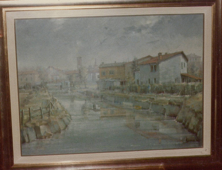 Naviglio, veduta di paese con corso d'acqua (dipinto) di Ghisoni, Andrea (seconda metà sec. XX)