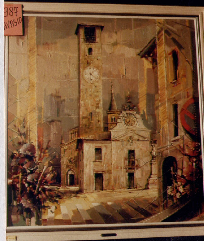 Impressione veloce e furtiva di Soncino, palazzi affacciati sulla Piazza del Comune di Soncino (dipinto) di Ravasio, Cesare (seconda metà sec. XX)