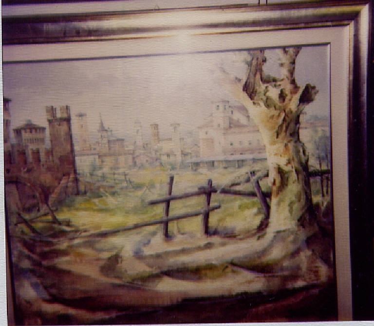 Altezze nel fantastico, veduta di paese da una staccionata (dipinto) di Ghisoni, Andrea (seconda metà sec. XX)