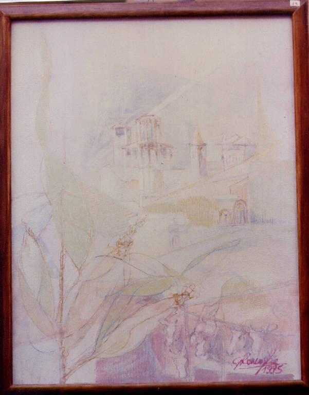 Soncino paesaggio, veduta del paese di Soncino (dipinto) di Roncaglia, Gianni (fine sec. XX)