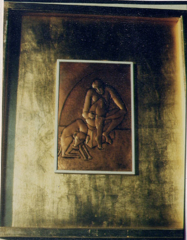 Poveri di sempre, figura umana e cane (dipinto) di Erata, Franco (sec. XX)