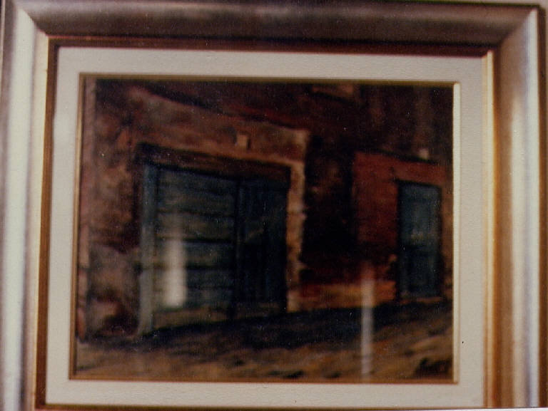Casa degli stampatori, palazzo con due porte (dipinto) di Moretti, Osvaldo (sec. XX)
