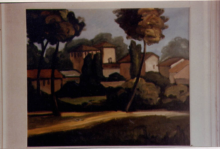 Borgata a Soncino, paesaggio con abitazioni e torre merlata (dipinto) di Pezzoli (sec. XX)