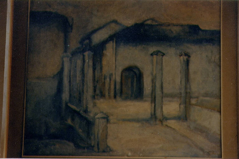 Porta ovest di Soncino, palazzi e colonne (dipinto) di ignoto (sec. XX)