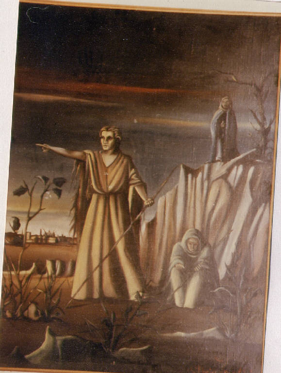 Scena biblica, paesaggio brullo con figure umane (dipinto) di Fraschini, M. (sec. XX)