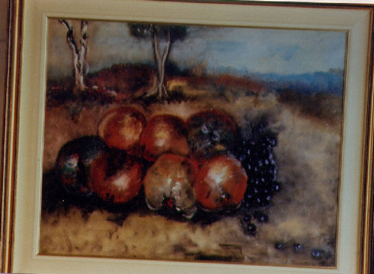 Natura morta, melograni e uva nera (dipinto) di Mazzetti (fine sec. XX)