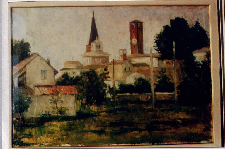 Estate a Soncino, borgo  di Soncino (dipinto) di Rossi (seconda metà sec. XX)