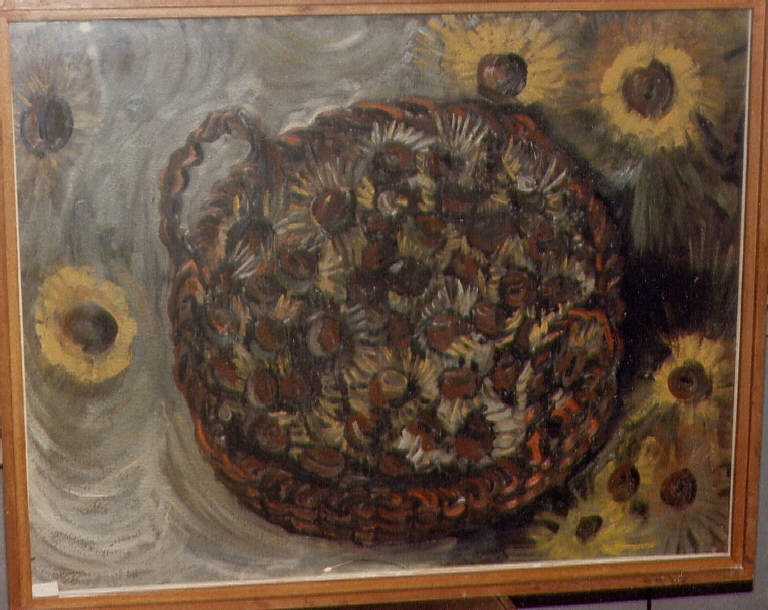 Castagnata a Soncino, cesto di castagne e girasoli (dipinto) di Dossena (seconda metà sec. XX)