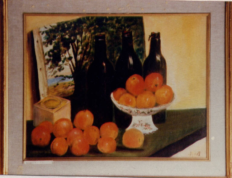 Natura morta con arance, arance e bottiglie (dipinto) di Pia (seconda metà sec. XX)