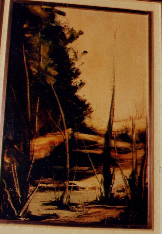Paesaggio boschivo, paesaggio boschivo (dipinto) di Arrigoni, A. (seconda metà sec. XX)