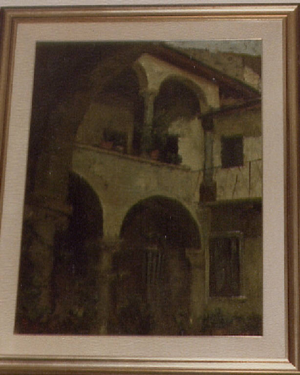 Angolo di Soncino, doppio porticato dell' oratorio francescano di San Bernardino a Soncino (dipinto) di Rottigni, Giuseppe (fine sec. XX)