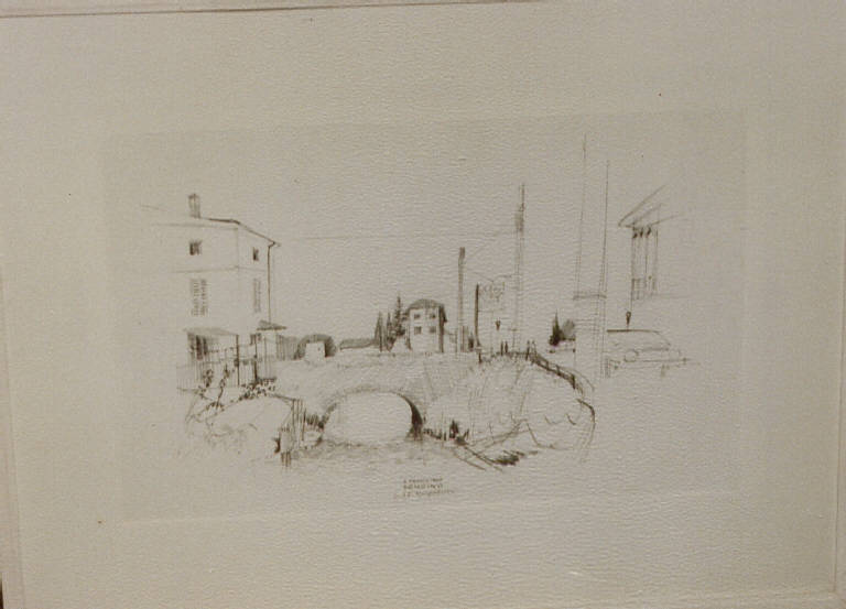 Primo maggio 1990 Soncino, veduta urbana con ponte (dipinto) di Manfredini, E. (fine sec. XX)