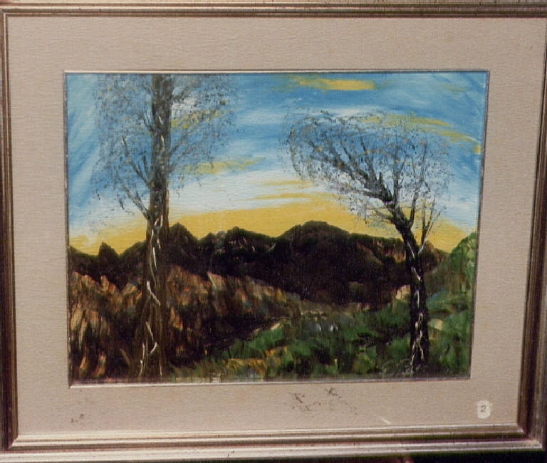 Le rocce, paesaggio con alberi (dipinto) di Beghi, Emilio (seconda metà sec. XX)
