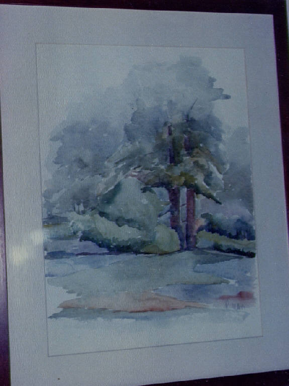Paesaggio, alberi e cespugli (dipinto) di Ulivi, R. (sec. XX)
