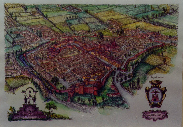 Il Borgo, veduta del paese di Soncino dall'alto (dipinto) di Franzoni, Magda (fine sec. XX)