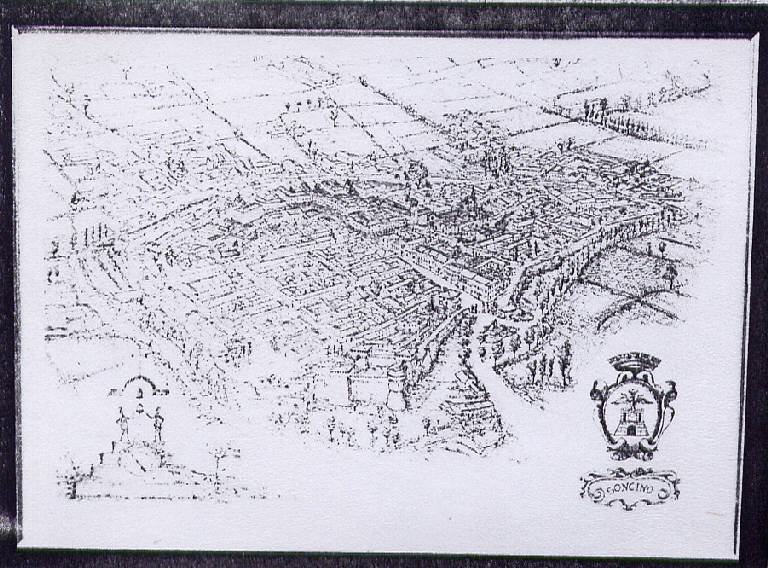Dalla Pieve a San Pietro, veduta del paese di Soncino dall'alto (opera in bianco e nero) di Franzoni, Magda (fine sec. XX)