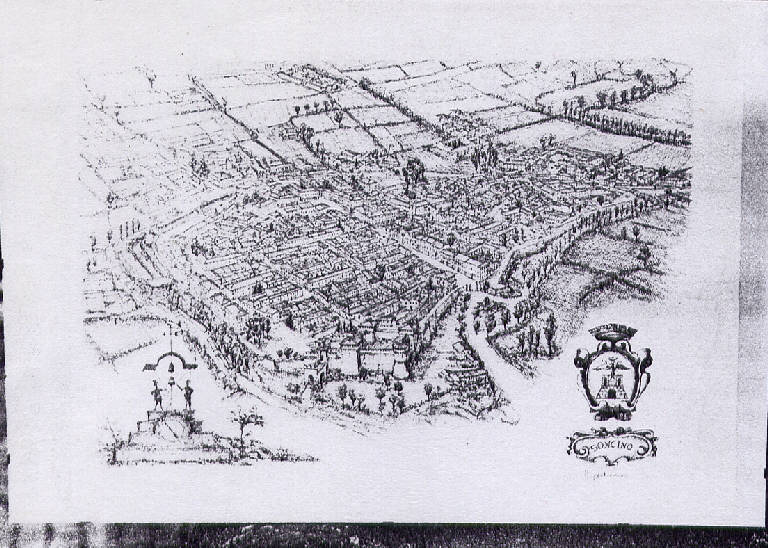La strada granda, veduta del paese di Soncino dall'alto (opera in bianco e nero) di Franzoni, Magda (fine sec. XX)