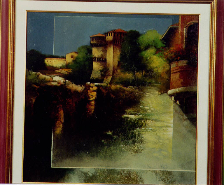 veduta della Rocca Sforzesca di Soncino dalla cinta muraria (dipinto) di De Benedictis, Nicola (fine sec. XX)