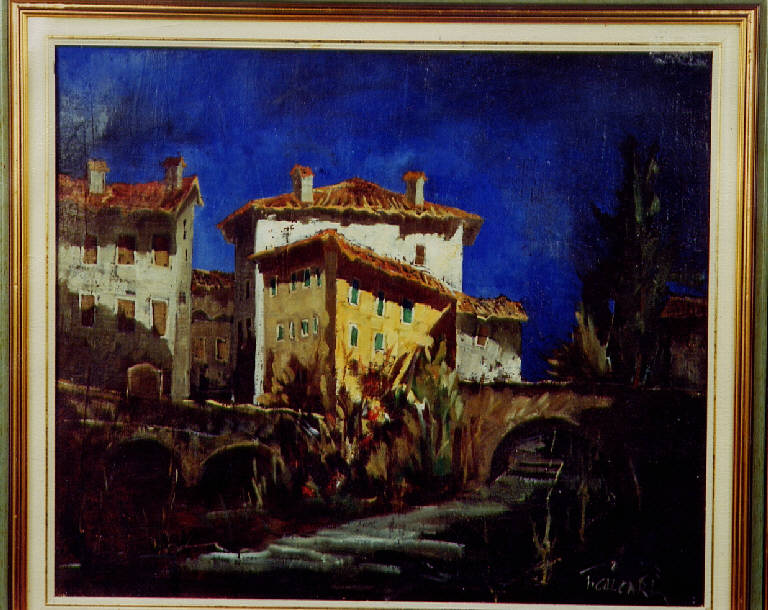 Autunno a Soncino, palazzi con ponte (dipinto) di Calcari, Tiziano (inizio sec. XXI)