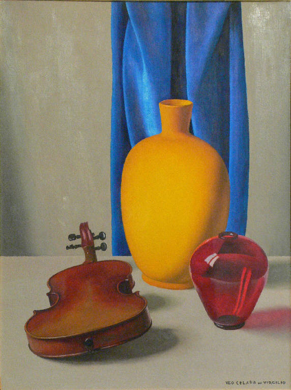 Natura morta con vasi e violino, NATURA MORTA (dipinto) di Celada Ugo (secondo quarto sec. XX)