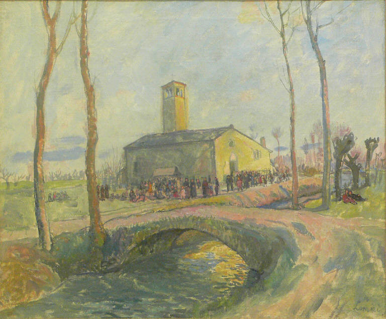 Chiesa di camapagna, PAESAGGIO (dipinto) di Lomini Mario (prima metà sec. XX)