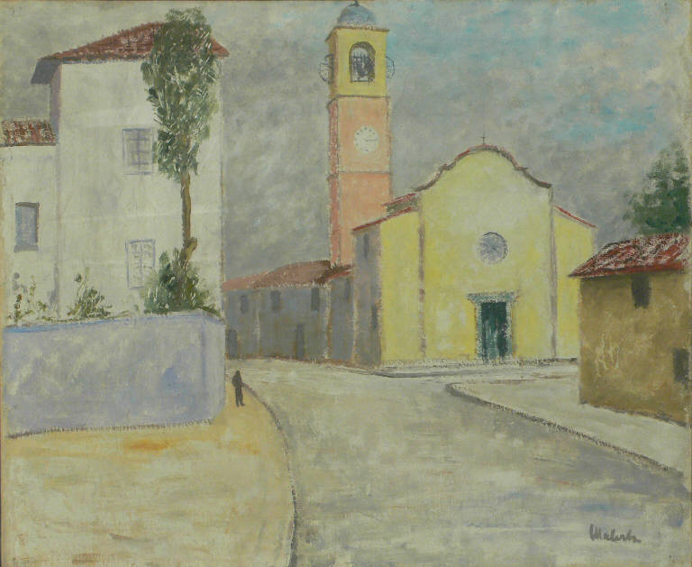Chiesetta, PAESAGGIO (dipinto) di Malerba Carlo (sec. XX)