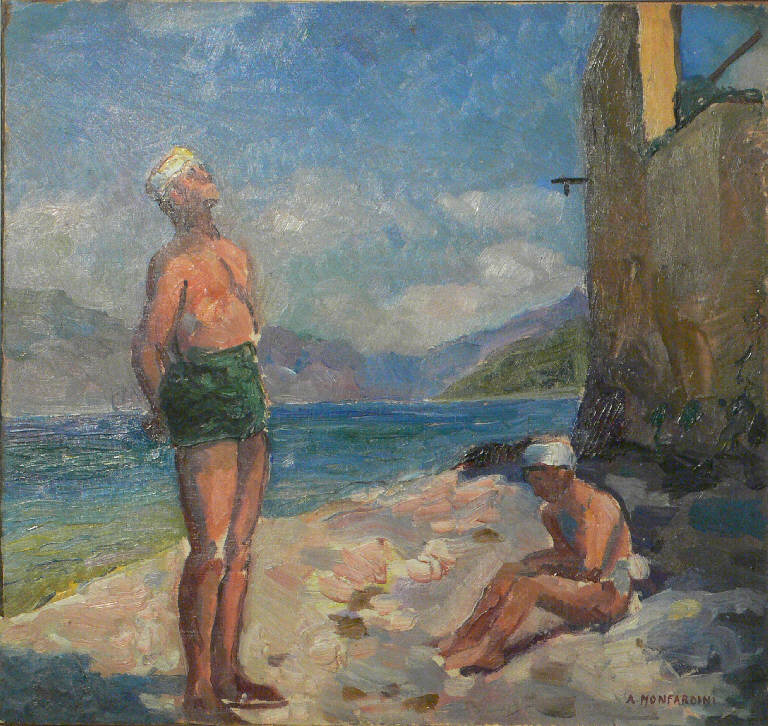 I bagnanti, PAESAGGIO LAGUNARE (dipinto) di Monfardini Alfonso (prima metà sec. XX)