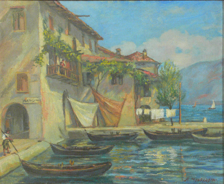 Il porto di Limone., PAESAGGIO LAGUNARE (dipinto) di Monfardini Alfonso (prima metà sec. XX)