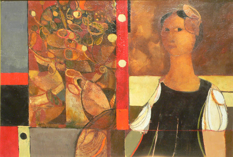 Donna nello studio, RITRATTO FEMMINILE (dipinto) di Vecchi Gianfranco (terzo quarto sec. XX)